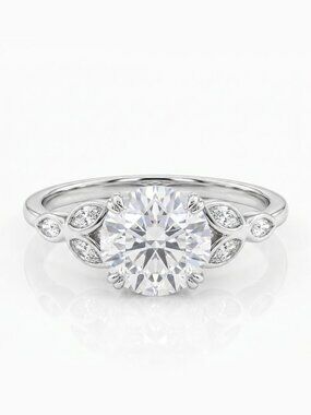 Classic Engagement Style Round Halo ring with leaf band,  925 Sterling Silver
